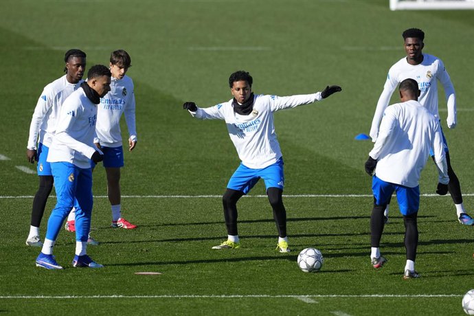 Rodrygo during the training day of Real Madrid ahead the UEFA Champions League 2025/26 League Phase MD7 football match against AS Monaco at Ciudad Deportiva Real Madrid on January 19, 2026, in Valdebebas, Madrid, Spain.