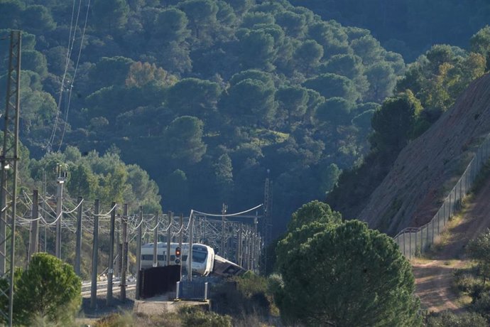 Imagen de la zona del accidente ferroviario con los convoyes de trenes siniestrados en Adamuz.
