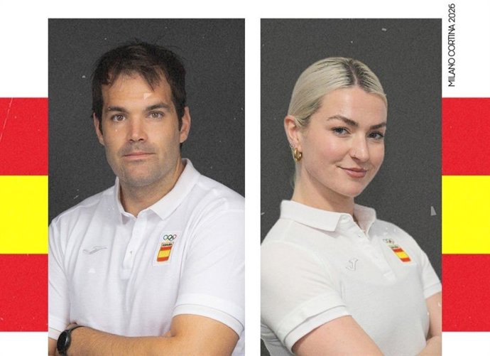 O esquiador Joquim Salarich e a patinadora Olivia Smart, porta-bandeiras nos Jogos Olímpicos de Inverno de Milão-Cortina d'Ampezzo 2026.