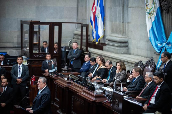 January 14, 2026, Guatemala City, Guatemala City, Guatemala: President BERNARDO AREVALO says he is pleased to present his second Government Report, while also stating that there are challenges, but the population encourages them to work.