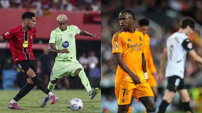 El jugador del RCD Mallorca da un pase frente al del FC Barcelona Lamine Yamal (izquierda), y el delantero del Real Madrid Vinícius Júnior (derecha), frente al Valencia CF en Mestalla.