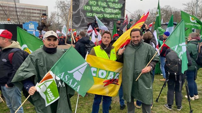 Representantes de organizaciones agrarias en la manifestación de Bruselas contra el acuerdo de Mercasur.