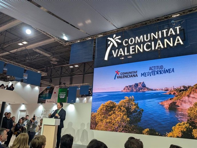 El presidente de la Generalitat, Juanfran Pérez Llorca, durante el acto por el Día de la Comunitat Valenciana en Fitur