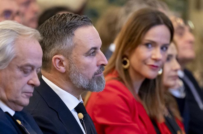 El presidente de Vox, Santiago Abascal, durante el desayuno de Foro Empresarial 'Nuevos retos, nueva nomenclaturas', en el Hotel Wellington, a 21 de enero de 2026, en Madrid (España).