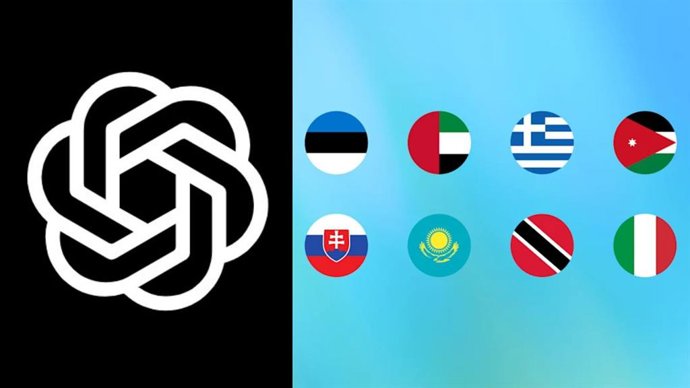 Ilustração do logotipo da OpenAI junto com os países que fazem parte da “OpenAI Education for Countries”.