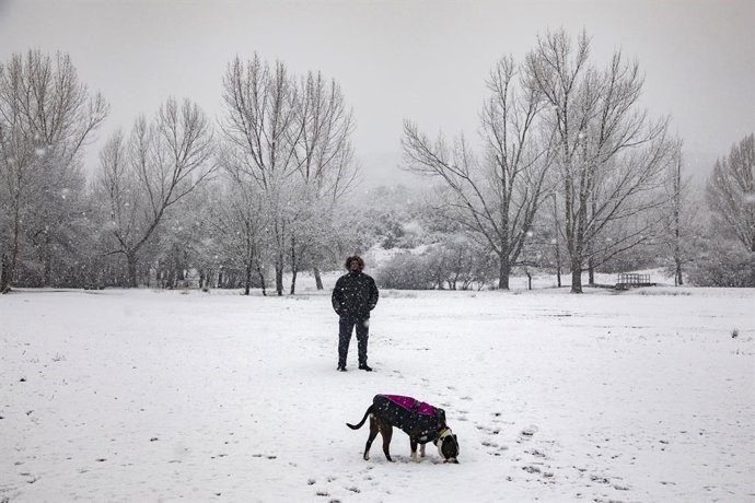 Nevada provocada por la borrasca Harry a su paso por España, en Manzanares el Real, a 17 de enero de 2026, en Madrid (España). La AEMET ha emitido alertas por lluvias, fuertes vientos y nevadas copiosas este fin de semana en todo el país a causa del paso 