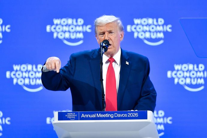 DAVOS, 21 de janeiro de 2026 — O presidente dos Estados Unidos, Donald Trump, discursa na Reunião Anual do Fórum Econômico Mundial em Davos, Suíça, em 21 de janeiro de 2026.