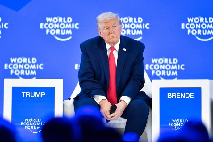 DAVOS, 21 de janeiro de 2026 — O presidente dos Estados Unidos, Donald Trump, participa da Reunião Anual do Fórum Econômico Mundial em Davos, Suíça, em 21 de janeiro de 2026.