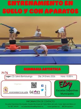 Cartel de la actividad ‘Entrenamiento en suelo y con aparatos’ de gimnasia artística que se desarrollará en el C.D. Salvio Barrioluengo este fin de semana.