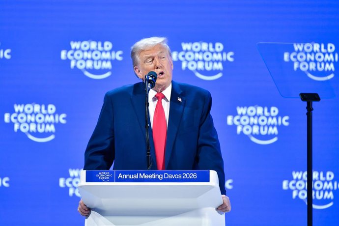DAVOS, 21 de janeiro de 2026 — O presidente dos Estados Unidos, Donald Trump, discursa na Reunião Anual do Fórum Econômico Mundial em Davos, Suíça, em 21 de janeiro de 2026.