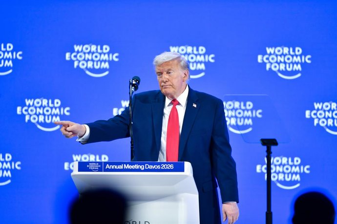 DAVOS, 21 de janeiro de 2026 — O presidente dos Estados Unidos, Donald Trump, discursa na Reunião Anual do Fórum Econômico Mundial em Davos, Suíça, em 21 de janeiro de 2026.