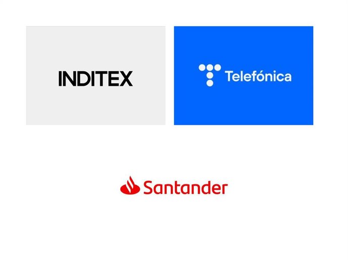 Archivo - Logos de Inditex, Telefónica y Santander
