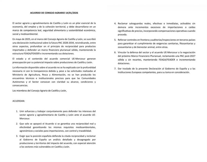 Documento suscrito entre la Consejería de Agricultura y las OPA para condicionar el apoyo a Mercosur a que haya una reciprocidad real