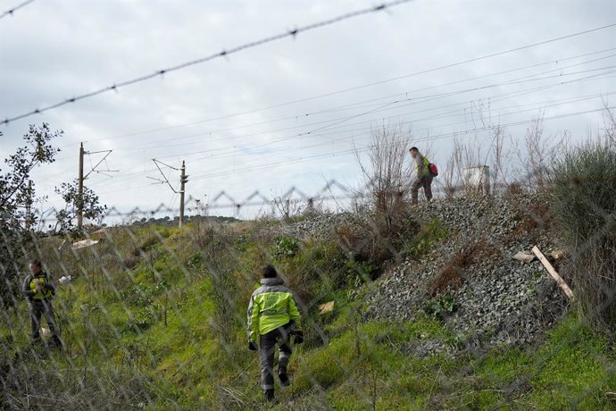 Agentes del CREA durante la búsqueda para localizar a dos personas que viajaban en los trenes accidentados. A 22 de enero de 2026, Adamuz, Córdoba (Andalucía, España).La Guardia Civil mantiene este jueves la búsqueda para localizar a dos personas que viaj