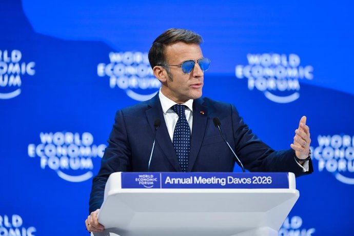 DAVOS, Jan. 20, 2026  -- French President Emmanuel Macron speaks at the World Economic Forum annual meeting in Davos, Switzerland, Jan. 20, 2026. TO GO WITH "EU 'should not hesitate' to use anti-coercion mechanism over U.S. tariff threats: Macron"