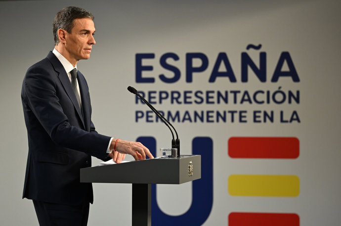 El presidente del Gobierno, Pedro Sánchez, en rueda de prensa tras el Consejo Europeo Extraordinario