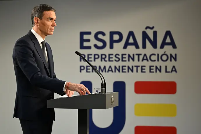 El presidente del Gobierno, Pedro S&aacute;nchez, en rueda de prensa tras el Consejo Europeo Extraordinario