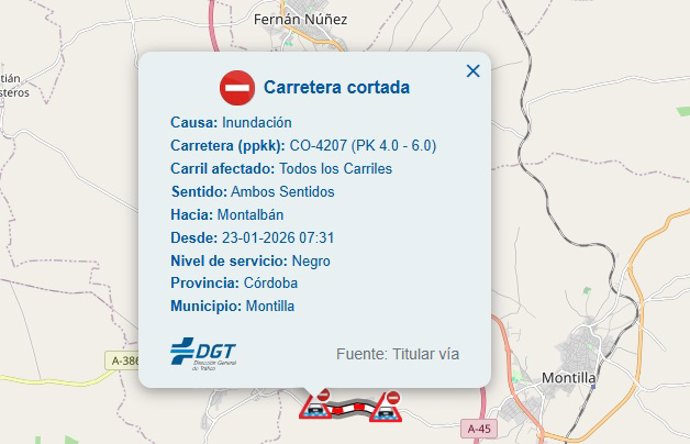 Gráfico del 112 sobre el corte de la CO-4207, en la provincia de Córdoba