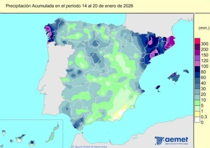 España registra 263 l/m2 de lluvias acumuladas desde el 1 de octubre, un 2% menos de lo normal.