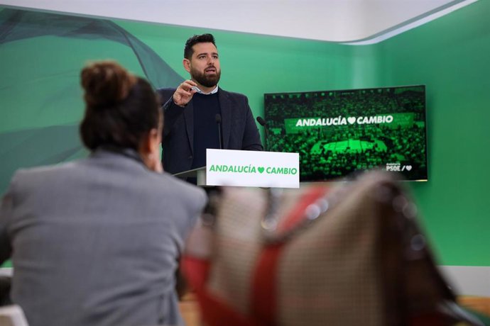 El secretario adjunto de Organización del PSOE-A, Alejandro Moyano, en rueda de prensa en Sevilla.