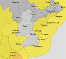 El Noroeste, el Valle del Guadalentín y el Campo de Cartagena, en aviso de nivel amarillo este sábado por fuertes rachas de viento y fenómenos costeros