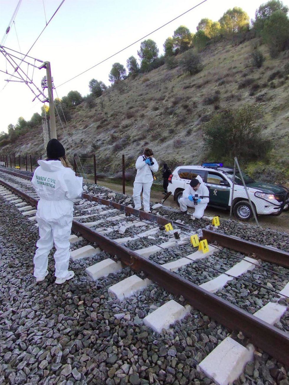 Agentes de la Guardia Civil inspeccionan la vía del tren donde descarrilaron los dos trenes de alta velocidad en Adamuz (Córdoba).