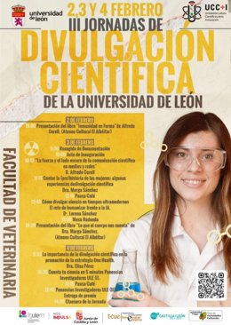Cartel de las III Jornadas de Divulgación Científica que se celebrarán entre los días 2 y 4 de febrero en la Universidad de León.