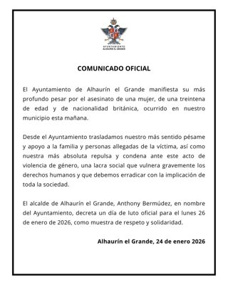 Decreto de día de luto en Alhaurín el Grande para el próximo lunes 26 de enero tras el asesinato de una mujer, presuntamente por su expareja, en la localidad malagueña.