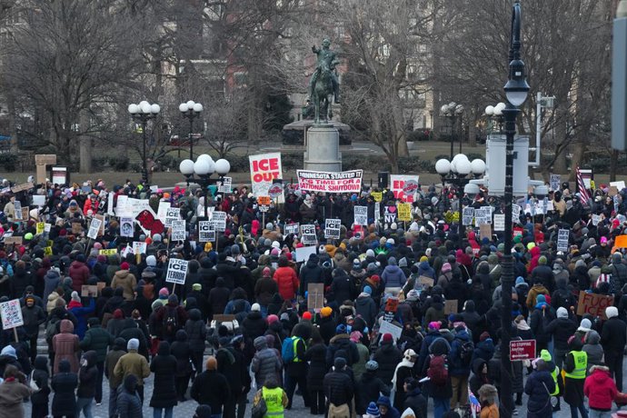January 24, 2026, New York, New York, USA: People protest against ICE in response to another deadly shooting in Minneapolis by ICE on January 24, 2026 at a rally in Union Square in New York.