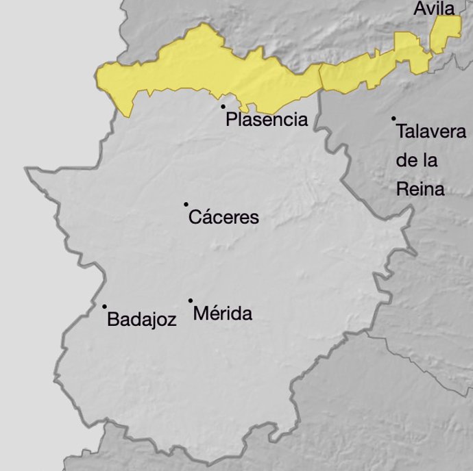 El norte de la provincia de Cáceres permanecerá este lunes en alerta amarilla por lluvias