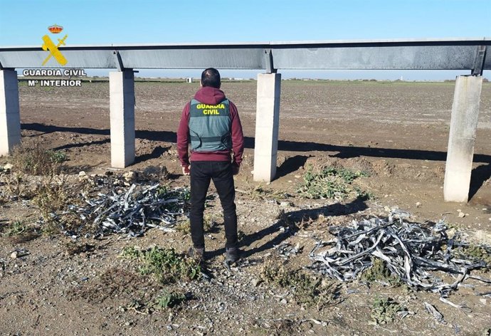 Un agente de la Guardia Civil junto al material de cobre robado y dispuesto para su quema, en un paraje de Las Cabezas.