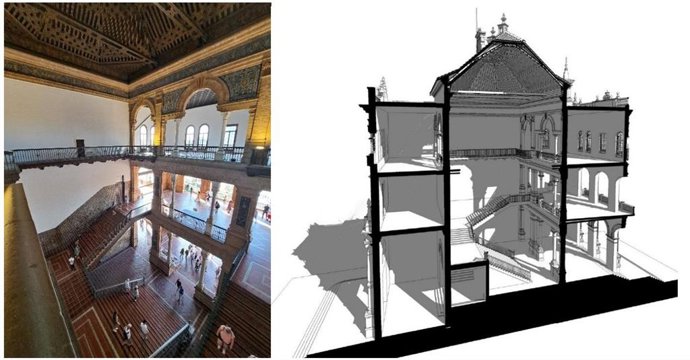 Imagen del artesonado y sección de una de las dos puertas -Navarra y Aragón- de la Plaza de España.