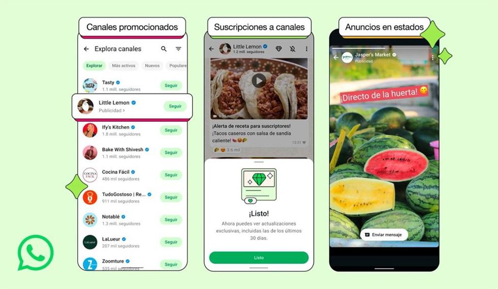 Anuncios en los canales y estados de WhatsApp.
