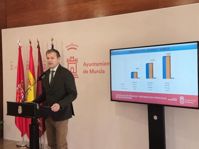 El concejal de Pedanías y Vertebración Territorial del Ayuntamiento de Murcia, Marco Antonio Fernández, presenta los datos correspondientes al Padrón Municipal de Habitantes con fecha 1 de enero de 2025