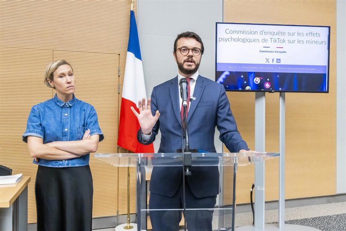 September 11, 2025, Paris, France, France: Paris, France September 11, 2025 - News conference to present the report of the parliamentary commission of inquiry into the psychological effects of TikTok on minors, at the National Assembly - Laure Miller, Art