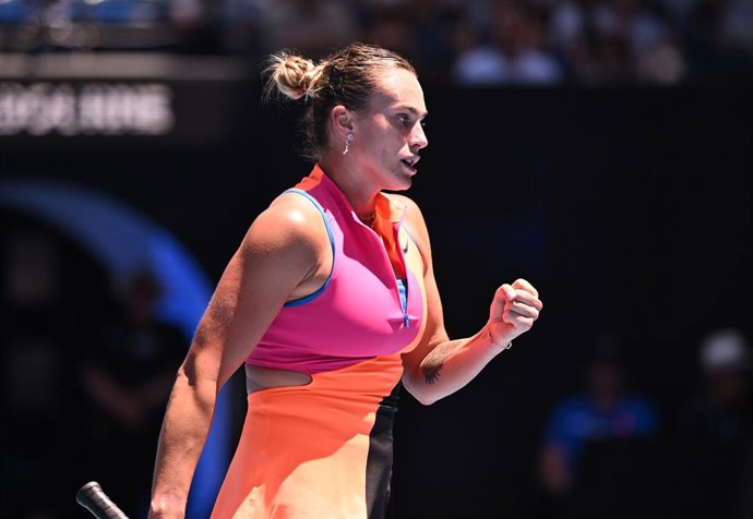 27 January 2026, Australia, Melbourne: Aryna Sabalenka of Belarus celebrates winning the Women's quarter finals match against Iva Jovic of USA on day 10 of the 2026 Australian Open tennis tournament at Melbourne Park in Melbourne. Photo: James Ross/AAP/dp