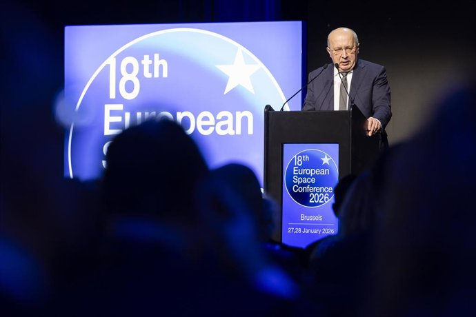 El comisario europeo de Defensa y Espacio, Andrius Kubilius, interviene en la 18 edición de la Conferencia Europea Espacial que se celebra en Bruselas.