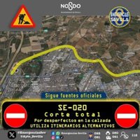 Corte total del tráfico en la SE-020 en Sevilla por inundaciones y daños en la calzada por la borrasca Joseph