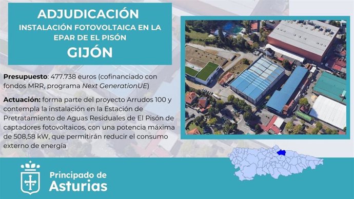 Adjudicación de la obra para instalar energía fotovoltaica en la estación de pretratamiento de aguas de El Pisón, en Gijón.
