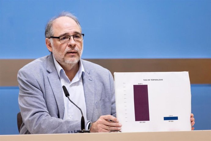 El consejero municipal de Participación Ciudadana y Régimen Interior, Alfonso Mendoza, presenta la oferta de empleo público de Zaragoza en 2026