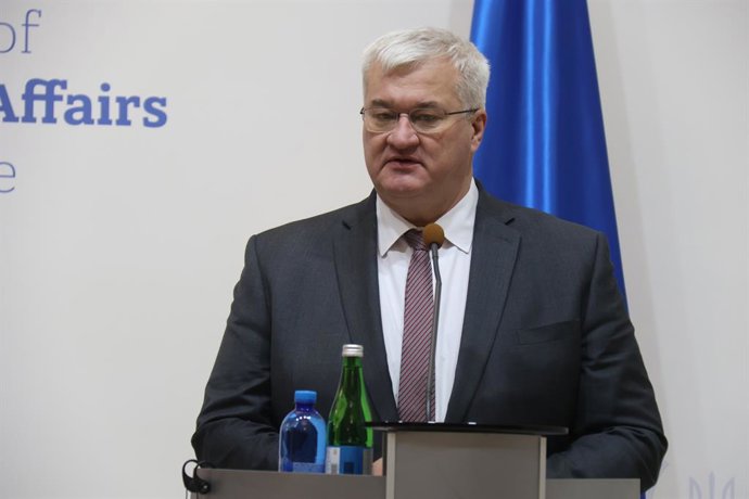 January 15, 2026, Kyiv, Ukraine: Minister of Foreign Affairs of Ukraine Andrii Sybiha is seen during a joint press conference with his Albanian counterpart Elisa Spiropali following talks on bilateral relations, international cooperation, and a shared pat