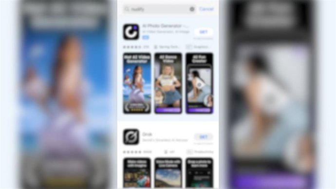Captura de pantalla de la App Store de Apple con aplicaciones que generan desnudos con inteligencia artificial.