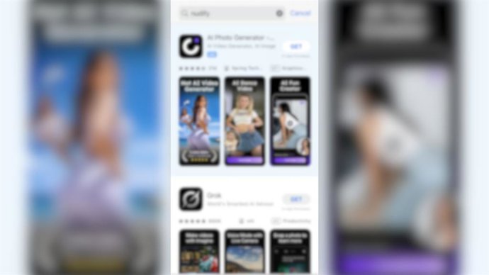 Captura de tela da App Store da Apple com aplicativos que geram imagens de nudez com inteligência artificial.