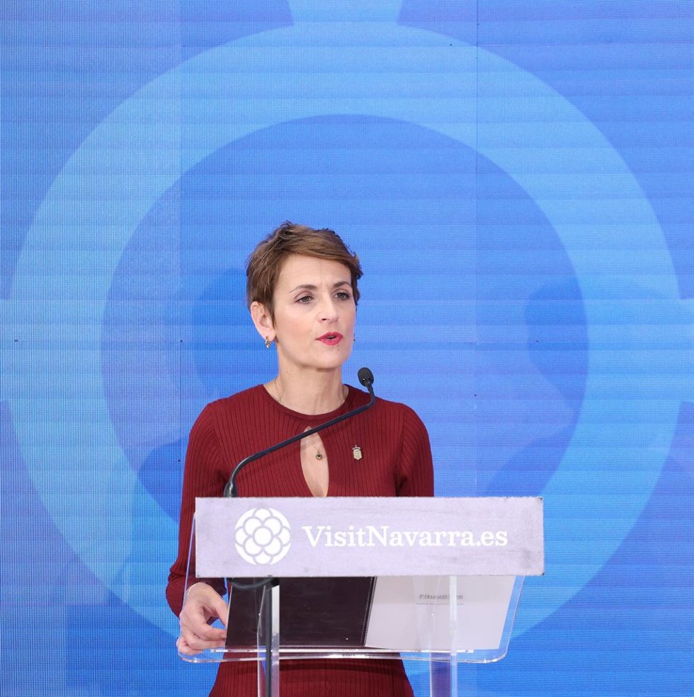 La presidenta de Navarra, María Chivite, interviene durante el acto central de la Comunidad Foral de Navarra en FITUR 2026, en IFEMA, a 23 de enero de 2026, en Madrid (España). La 46 edición de la Feria Internacional del Turismo (FITUR), dedicada este 