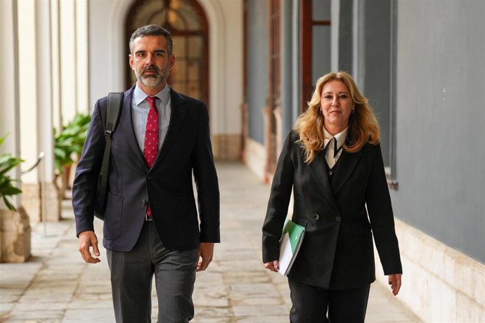 El consejero de Agricultura, Ramón Fernández-Pacheco, y la consejera de Economía y portavoz del Gobierno, Carolina España, este miércoles antes de la rueda de prensa del Consejo de Gobierno. 