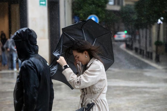 Imagen de transeúntes por el centro de Málaga protegiéndose de la lluvia y el fuerte viento del temporal que barre a toda Andalucía. A 28 de enero de 2026, en Málaga (Andalucía, España). 