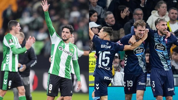 A la izquierda, el centrocampista del Real Betis Pablo Fornals celebra un triunfo en La Cartuja y, a la derecha, Bryan Zaragoza, Williot Swedberg y óscar Mingueza festejan un tanto ante el Real Madrid.