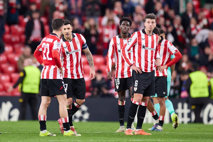 Mikel Vesga of Athletic Club reacts during the UEFA Champions League 2025/26 League Phase MD8 match between Athletic Club and Sporting Clube de Portugal at San Mames on January 28, 2026, in Bilbao, Spain.