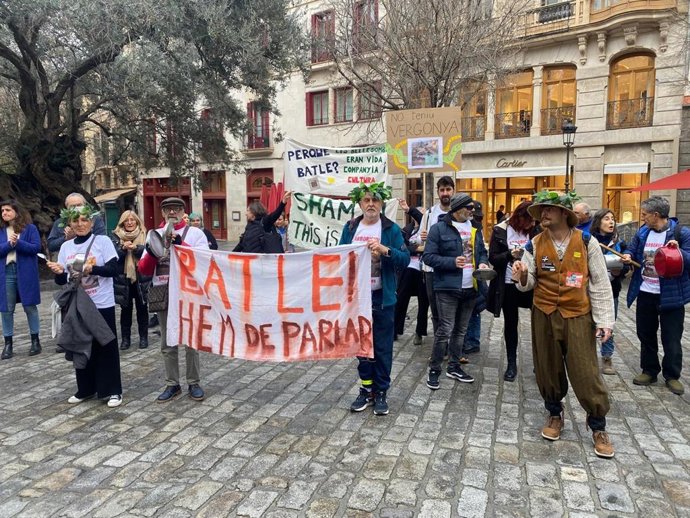 Decenas de integrantes de la Plataforma por la Defensa de los Bellasombra protestan este jueves frente al Ayuntamiento de Palma para exigir la paralización de las tareas de replantación en la plaza Llorenç Villalonga.