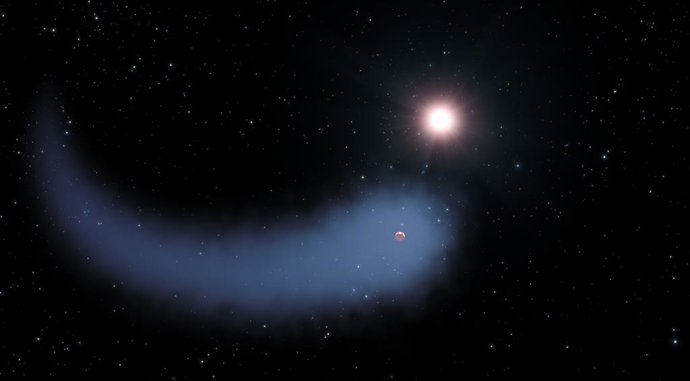 Representação artística de “The Behemoth”, uma enorme nuvem de hidrogênio semelhante a um cometa que se destaca de um planeta quente do tamanho de Netuno, localizado a apenas 30 anos-luz da Terra.